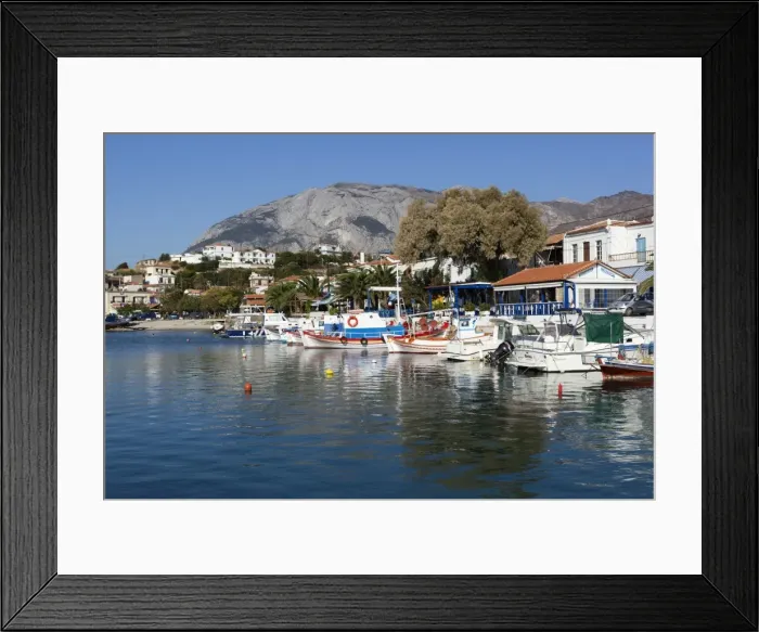 Framed Print : Fishing harbour and Mount Kerketeas, Ormos Marathokampos, Samos, Aegean Islands, Greece Framed Print : Fishing harbour and Mount Kerketeas, Ormos Marathokampos, Samos, Aegean Islands, Greece