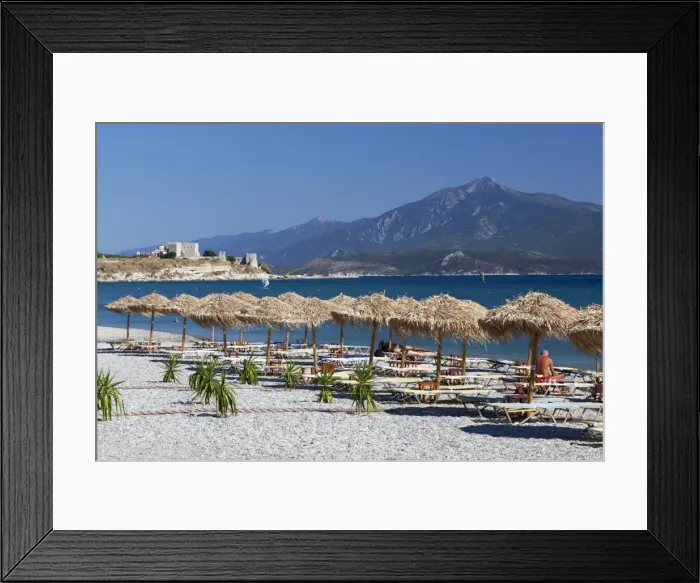 Framed Print : View over beach to Pythagorion castle, Potokaki, Samos, Aegean Islands, Greece Framed Print : View over beach to Pythagorion castle, Potokaki, Samos, Aegean Islands, Greece