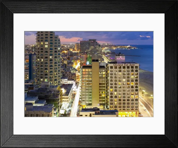 Framed Print : Elevated dusk view of the city beachfront, Tel Aviv, Israel, Middle East Framed Print : Elevated dusk view of the city beachfront, Tel Aviv, Israel, Middle East