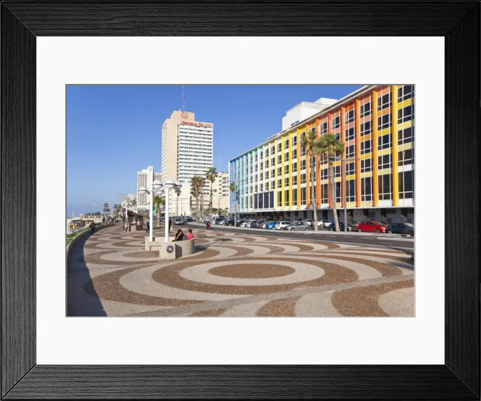 Framed Print : Beachfront promenade in front of the colourfully decorated hotel facades, Tel Aviv, Israel, Middle East Framed Print : Beachfront promenade in front of the colourfully decorated hotel facades, Tel Aviv, Israel, Middle East