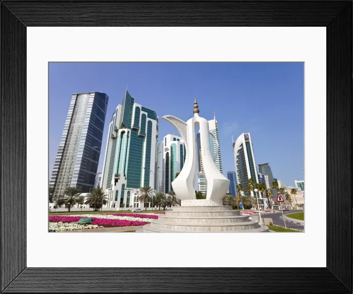 Framed Print : Coffee pot monument and the new skyline of the West Bay central financial district of Doha, Qatar, Middle East Framed Print : Coffee pot monument and the new skyline of the West Bay central financial district of Doha, Qatar, Middle East