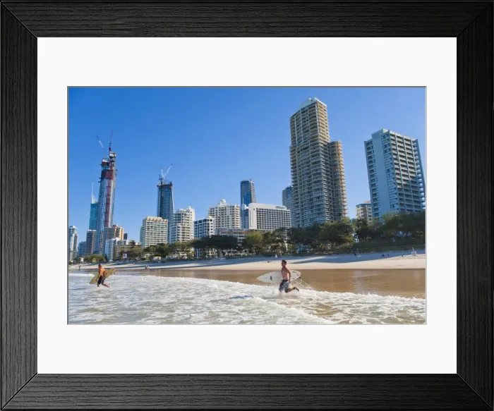 Framed Print : Surfers heading out to surf at Surfers Paradise beach, the Gold Coast, Queensland, Australia, Pacific Framed Print : Surfers heading out to surf at Surfers Paradise beach, the Gold Coast, Queensland, Australia, Pacific