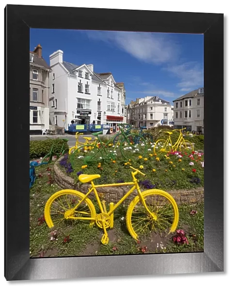 Traffic roundabout with painted bicycles, Seaton, Devon Heritage Coast, Devon, England, United Kingdom, Europe