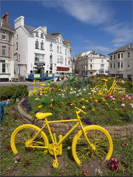 Traffic roundabout with painted bicycles, Seaton, Devon Heritage Coast, Devon, England, United Kingdom, Europe