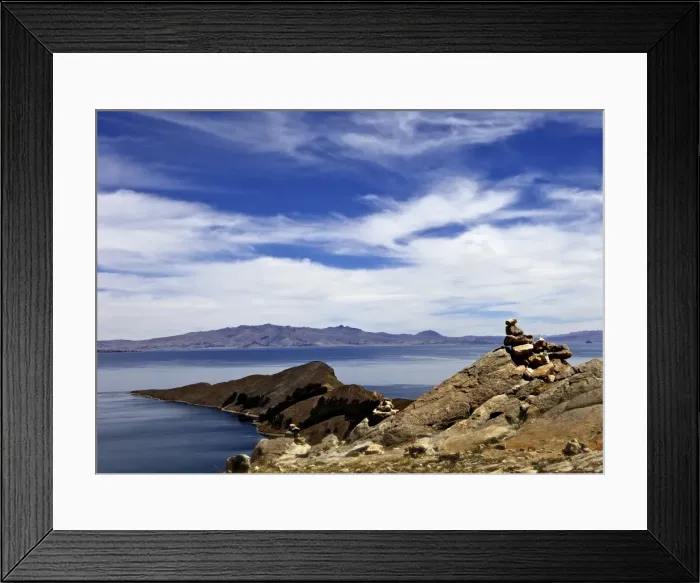 Framed Print : Rocks and lake, Bahia Kona, Isla del Sol, Lake Titicaca, Bolivia, South America