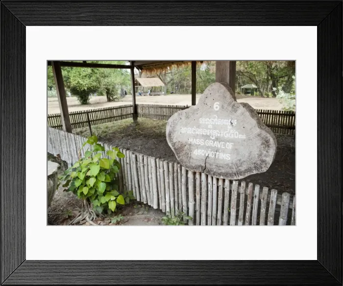 Framed Print : Sign reading Mass Grave of 450 Victims at The Killing Fields, Phnom Penh, Cambodia, Indochina, Southeast Asia, Asia Framed Print : Sign reading Mass Grave of 450 Victims at The Killing Fields, Phnom Penh, Cambodia, Indochina, Southeast Asia, Asia