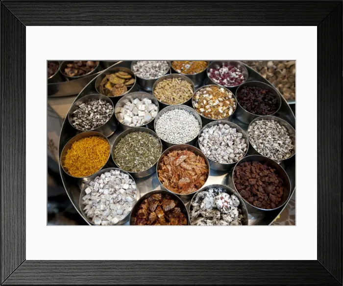 Framed Print : Various types of sonf, mouth freshener, in aluminium pots, some coated in silver, in sonf stall in market, Kolkata, West Bengal, India, Asia Framed Print : Various types of sonf, mouth freshener, in aluminium pots, some coated in silver, in sonf stall in market, Kolkata, West Bengal, India, Asia