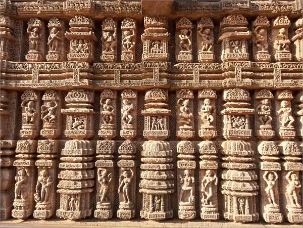 Ornate erotic carvings on 13th century Konarak Sun temple, UNESCO World Heritage Site, Konarak, Orissa, India, Asia