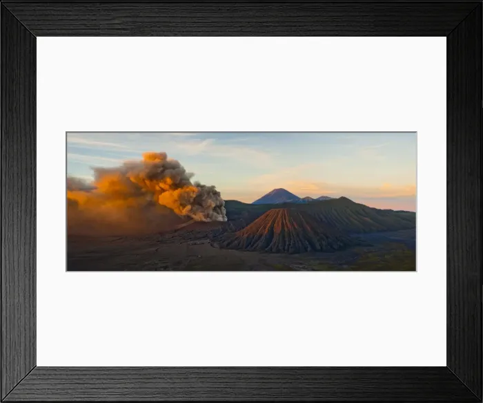 Framed Print : Mount Bromo (Gunung Bromo), an active volcano, erupting at sunrise throwing up ash clouds, East Java, Indonesia, Southeast Asia, Asia