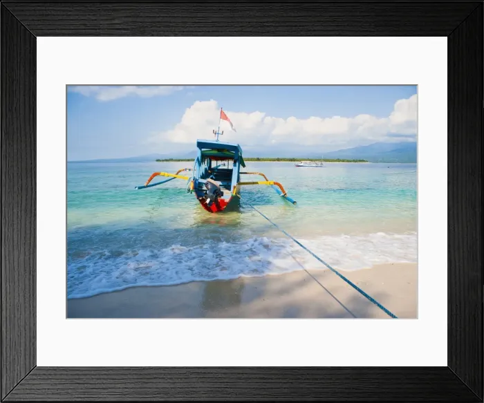 Framed Print : Gili Meno, a traditional Indonesian boat on Gili Meno with Gili Air and Lombok in the background, Gili Islands, Indonesia, Southeast Asia, Asia Framed Print : Gili Meno, a traditional Indonesian boat on Gili Meno with Gili Air and Lombok in the background, Gili Islands, Indonesia, Southeast Asia, Asia