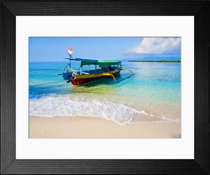 Framed Print : Traditional Indonesian outrigger fishing boat on the island of Gili Meno in the Gili Isles, Indonesia, Southeast Asia, Asia Framed Print : Traditional Indonesian outrigger fishing boat on the island of Gili Meno in the Gili Isles, Indonesia, Southeast Asia, Asia