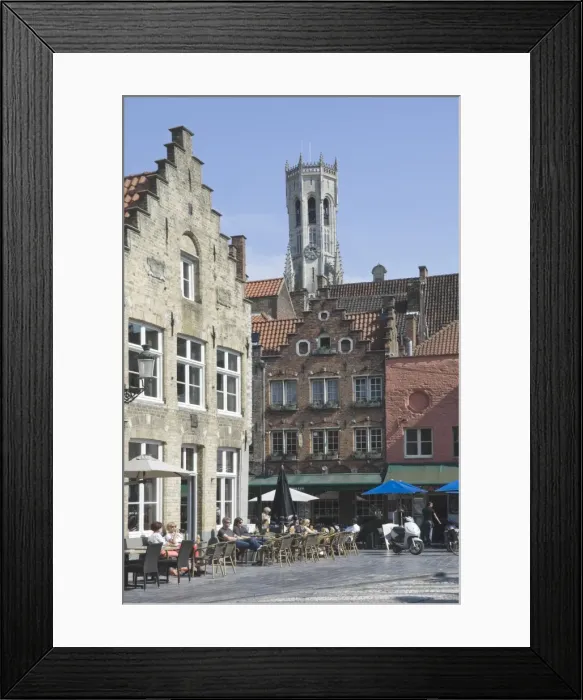 Framed Print : Stepped Flemish gables over street cafes with the Belfry by the Market Square behind, Brugge, UNESCO World Heritage Site, Belgium, Europe Framed Print : Stepped Flemish gables over street cafes with the Belfry by the Market Square behind, Brugge, UNESCO World Heritage Site, Belgium, Europe