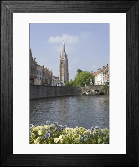 Framed Print : Canal scene with the spire of the Church of Our Lady, Brugge, Belgium, Europe Framed Print : Canal scene with the spire of the Church of Our Lady, Brugge, Belgium, Europe