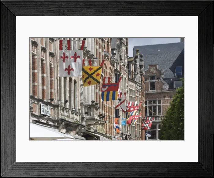 Framed Print : Heraldic banners decorate the Flemish gables in Leuven, Belgium, Europe Framed Print : Heraldic banners decorate the Flemish gables in Leuven, Belgium, Europe
