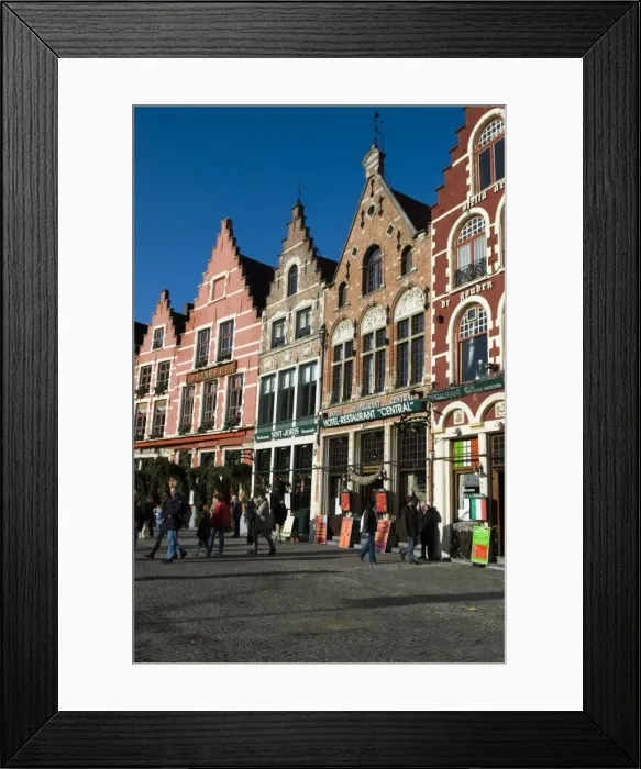 Framed Print : Gabled fronted restaurants in the Market Square at Christmas, Bruges, West Vlaanderen (Flanders), Belgium, Europe Framed Print : Gabled fronted restaurants in the Market Square at Christmas, Bruges, West Vlaanderen (Flanders), Belgium, Europe