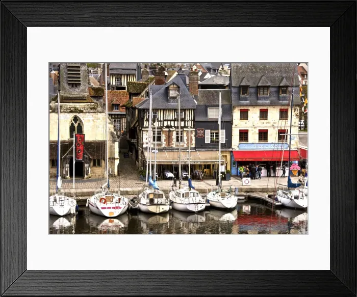 Framed Print : The Vieux Bassin, Old Town, the Naval Museum housed in ancient Saint Etienne church on the left, and boats moored along the quay, Honfleur, Calvados, Normandy, France, Europe
