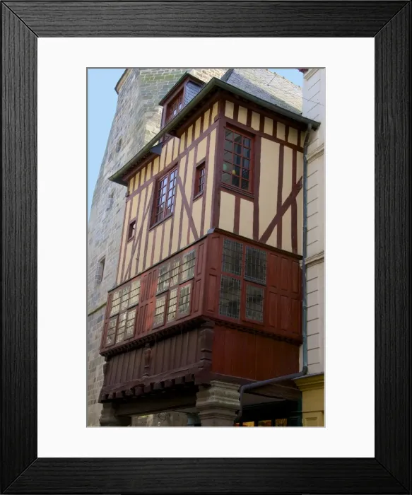 Framed Print : Medieval corbelled and half timbered mansions in cobbled street, Old Town, Dinan, Brittany, Cotes d Armor, France, Europe