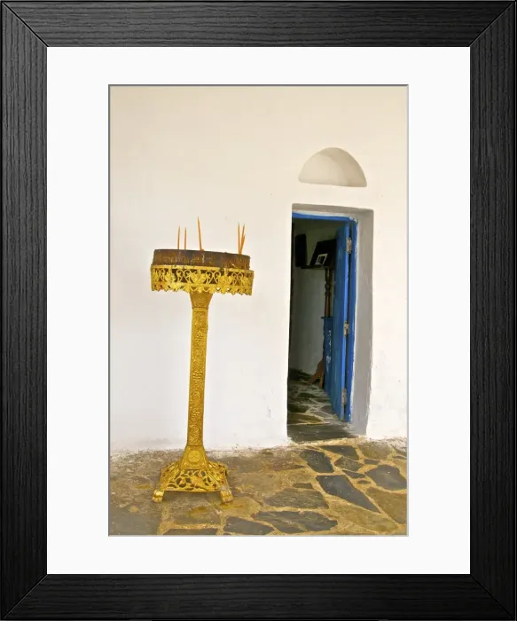 Framed Print : Detail of candle holder in front of Saint Nicolas chapel, by the sea, Giorpioupolis, Crete, Greek Islands, Greece, Europe Framed Print : Detail of candle holder in front of Saint Nicolas chapel, by the sea, Giorpioupolis, Crete, Greek Islands, Greece, Europe