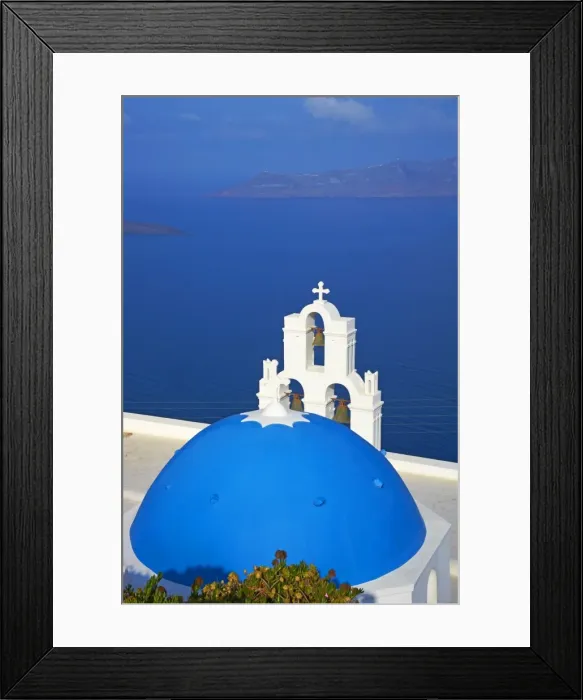 Framed Print : Church with blue dome overlooking the Aegean, Fira, Thira, Santorini, Cyclades, Greek Islands, Greece, Europe Framed Print : Church with blue dome overlooking the Aegean, Fira, Thira, Santorini, Cyclades, Greek Islands, Greece, Europe