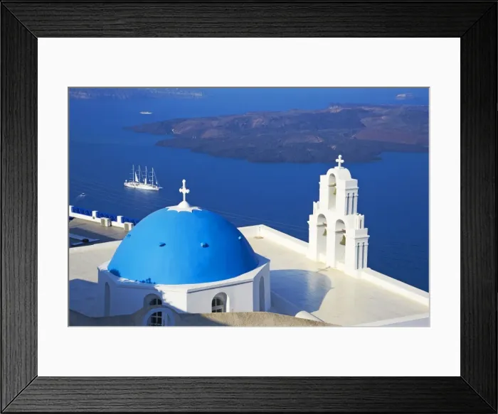 Framed Print : Church with blue dome overlooking the Aegean, Fira, Thira, Santorini, Cyclades, Greek Islands, Greece, Europe