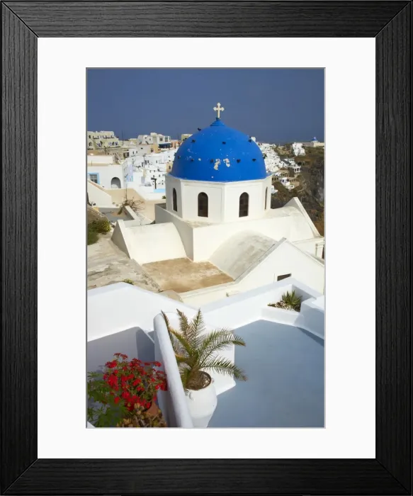 Framed Print : Church with blue dome, Fira, Thira, Santorini, Cyclades, Greek Islands, Greece, Europe