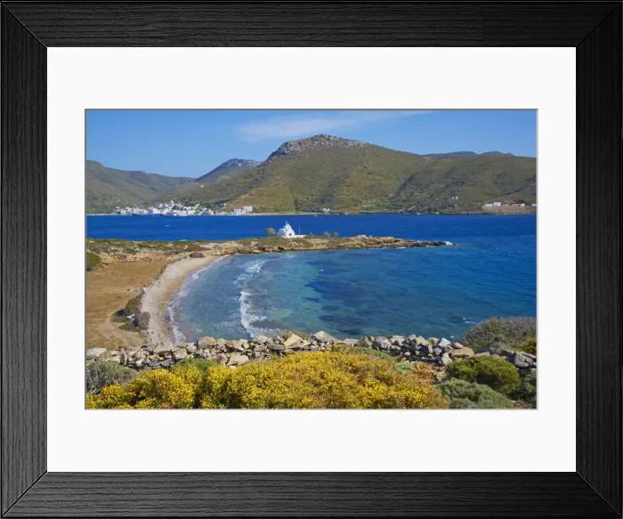 Framed Print : Beach and church, Agios Panteleimon, Amorgos, Cyclades, Aegean, Greek Islands, Greece, Europe