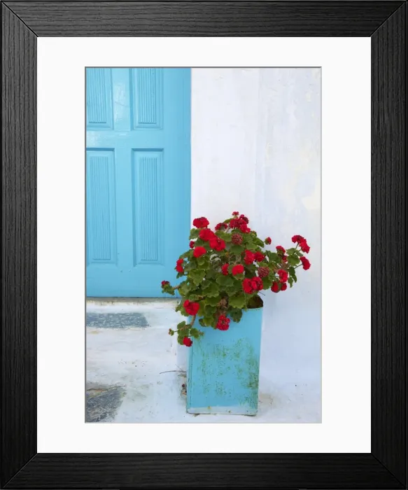 Framed Print : Red geraniums, Chora, Amorgos, Cyclades, Aegean, Greek Islands, Greece, Europe