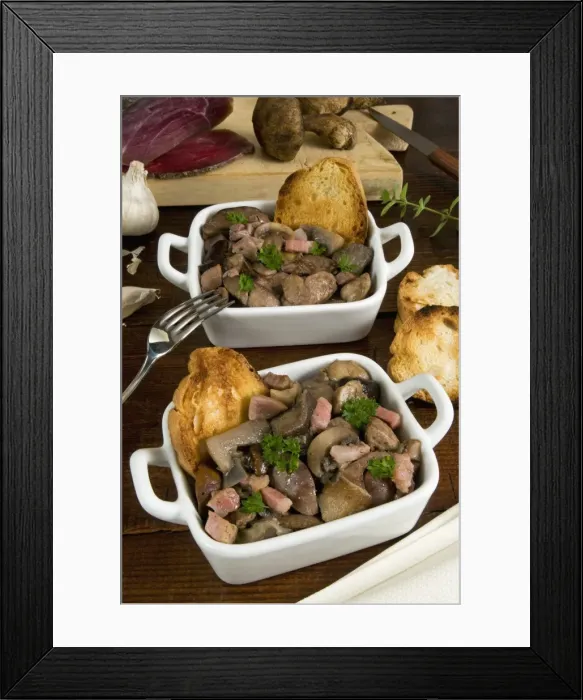 Framed Print : Stewed mushroom with speck, a dry-cured, lightly smoked ham, South Tyrol, Italy, Europe Framed Print : Stewed mushroom with speck, a dry-cured, lightly smoked ham, South Tyrol, Italy, Europe
