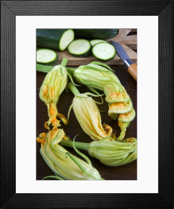 Framed Print : Courgette flowers and sliced courgette, Italy, Europe Framed Print : Courgette flowers and sliced courgette, Italy, Europe