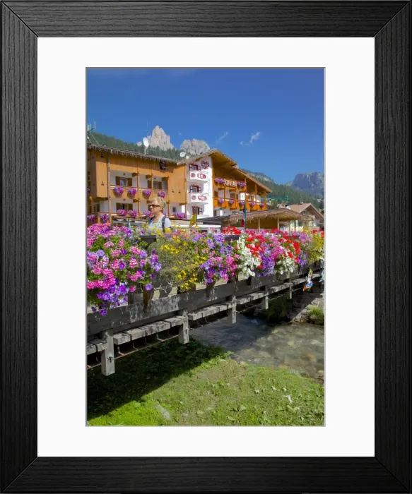 Framed Print : Bridge and flowers, Pozza di Fassa, Fassa Valley, Trento Province, Trentino-Alto Adige / South Tyrol, Italian Dolomites, Italy, Europe Framed Print : Bridge and flowers, Pozza di Fassa, Fassa Valley, Trento Province, Trentino-Alto Adige / South Tyrol, Italian Dolomites, Italy, Europe
