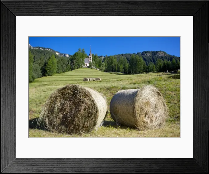 Framed Print : Church and hay bales, Vigo di Fassa, Fassa Valley, Trento Province, Trentino-Alto Adige / South Tyrol, Italian Dolomites, Italy, Europe Framed Print : Church and hay bales, Vigo di Fassa, Fassa Valley, Trento Province, Trentino-Alto Adige / South Tyrol, Italian Dolomites, Italy, Europe