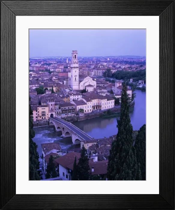 Framed Print : View over the city with Ponte Pietra and River Adige at dawn, Verona, UNESCO World Heritage Site, Veneto, Italy, Europe Framed Print : View over the city with Ponte Pietra and River Adige at dawn, Verona, UNESCO World Heritage Site, Veneto, Italy, Europe