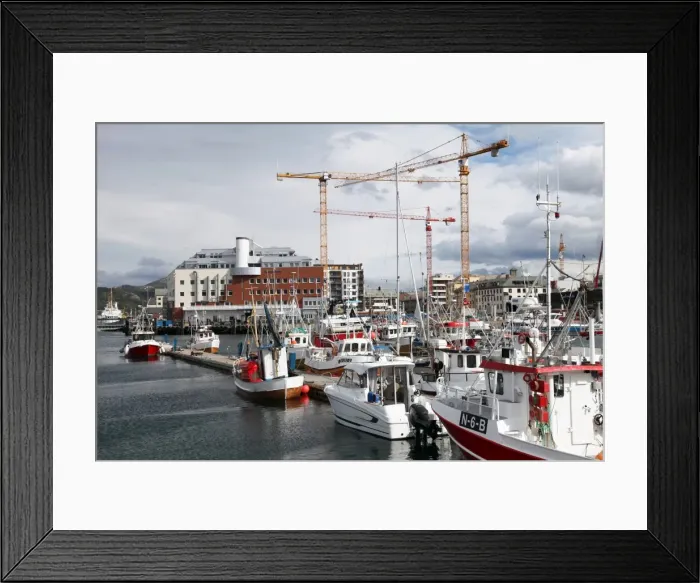 Framed Print : Local fishing boats and cranes working on new library site for North Norway, Bodo harbour north of the Arctic Circle, Nordland, Norway, Scandinavia, Europe