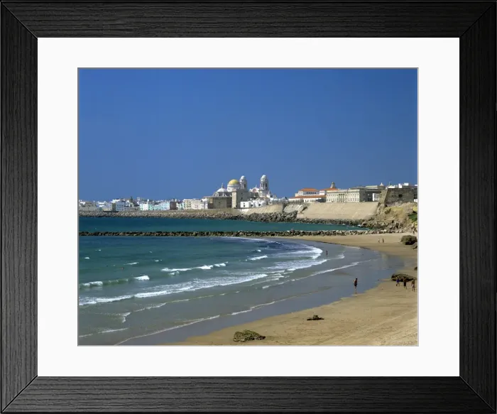Framed Print : View along beach towards old town, Cadiz, Andalucia, Spain, Europe Framed Print : View along beach towards old town, Cadiz, Andalucia, Spain, Europe