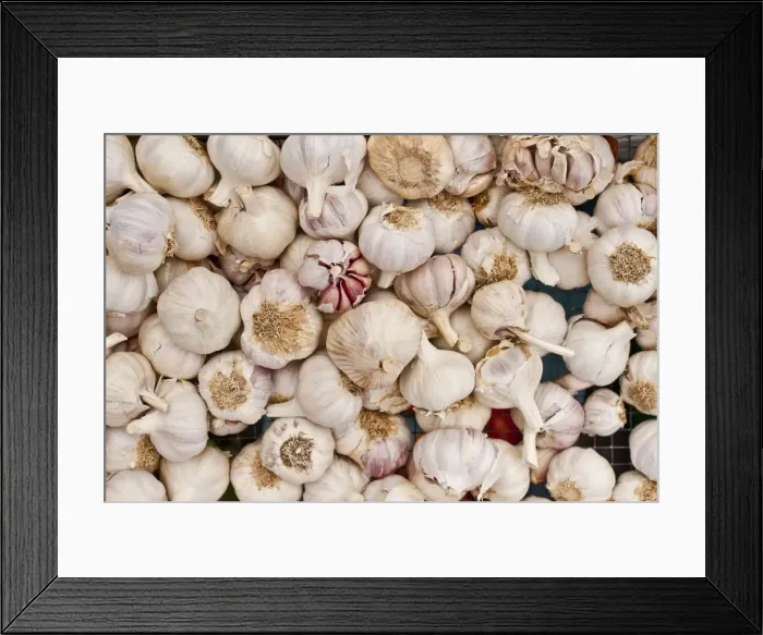 Framed Print : Garlic for sale at the Sunday morning market, Pollenca, Tramuntana, Mallorca, Balearic Islands, Spain, Europe