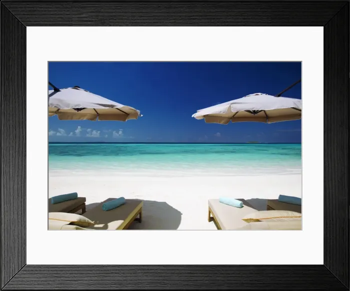 Framed Print : Deck chairs and tropical beach, Maldives, Indian Ocean, Asia Framed Print : Deck chairs and tropical beach, Maldives, Indian Ocean, Asia