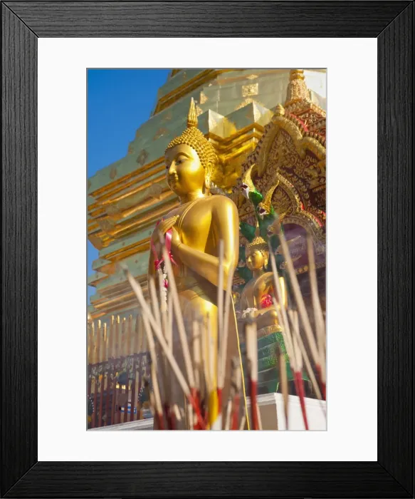 Framed Print : Gold leaf Buddha and incense sticks at Wat Doi Suthep Temple, Chiang Mai, Thailand, Southeast Asia, Asia Framed Print : Gold leaf Buddha and incense sticks at Wat Doi Suthep Temple, Chiang Mai, Thailand, Southeast Asia, Asia