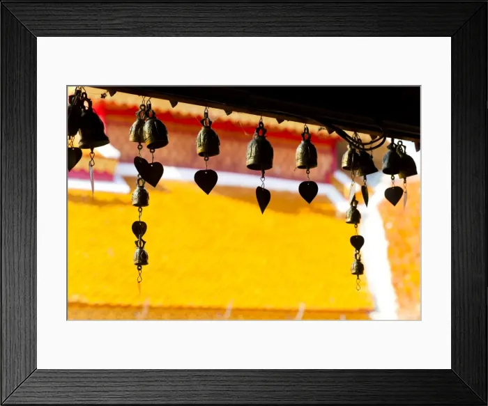 Framed Print : Close up of prayer bells, silhouetted against the colourful roof at Wat Doi Suthep, Chiang Mai, Thailand, Southeast Asia, Asia Framed Print : Close up of prayer bells, silhouetted against the colourful roof at Wat Doi Suthep, Chiang Mai, Thailand, Southeast Asia, Asia