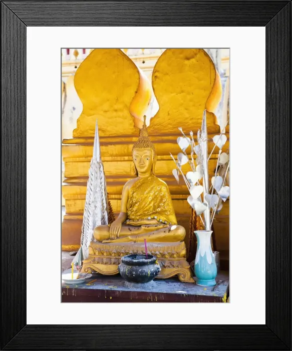 Framed Print : Bright gold Buddha statue at Pha That Luang, a Buddhist templ, Vientiane, Laos, Indochina, Southeast Asia, Asia Framed Print : Bright gold Buddha statue at Pha That Luang, a Buddhist templ, Vientiane, Laos, Indochina, Southeast Asia, Asia