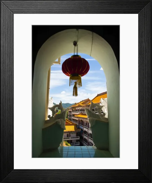 Framed Print : Chinese lantern hanging in an arch window at Kek Lok Si Temple, Penang, Malaysia, Southeast Asia, Asia