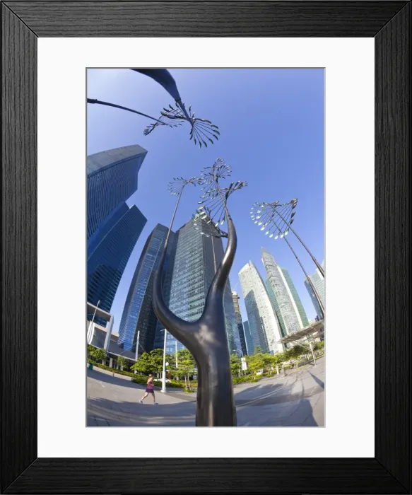 Framed Print : Skyscrapers of the Financial Centre and modern sculptures, Singapore, Southeast Asia, Asia