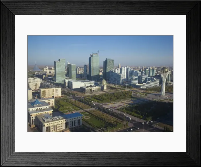 Framed Print : View of city center looking towards Nurzhol bulvar, central boulevard of the new governmental and administrative zone and the Bayterek Tower, with the Khan Shatyr shopping and entertainment center on the left, Astana, Kazakhstan, Central Asia, Asia