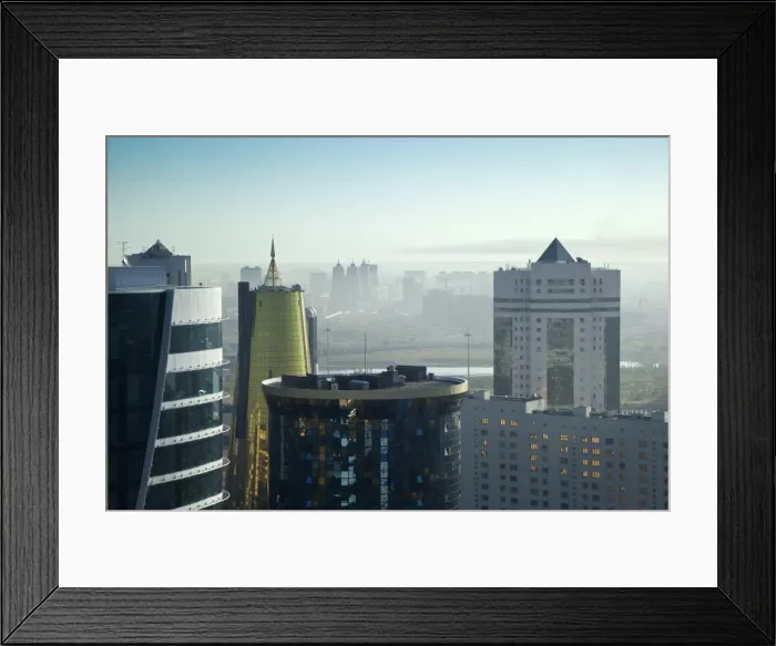 Framed Print : View of city looking towards twin golden conical business centre and House of Ministries, Astana, Kazakhstan, Central Asia, Asia