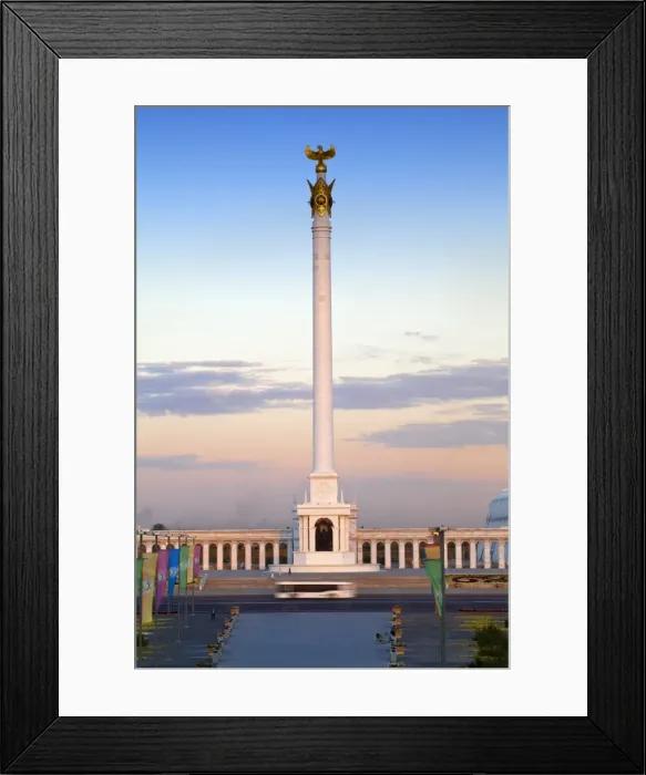 Framed Print : Bus passing KazakYeli monument (Kazakh Country) at dusk, Astana, Kazakhstan, Central Asia, Asia