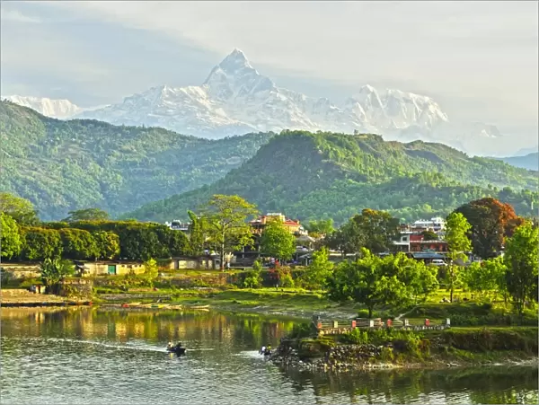 Annapurna Himal, Machapuchare and Phewa Tal seen from Pokhara, Gandaki Zone, Western Region, Nepal, Himalayas, Asia