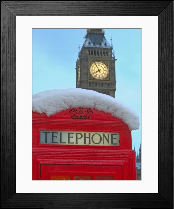 Framed Print : Red phone box and Big Ben in snow, Parliament Square, London, England, United Kingdom, Europe Framed Print : Red phone box and Big Ben in snow, Parliament Square, London, England, United Kingdom, Europe