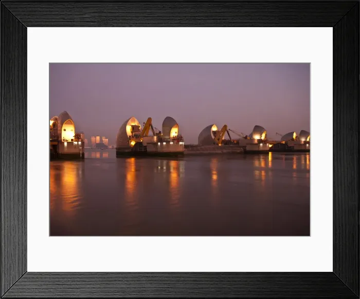 Framed Print : Thames Barrier and Canary Wharf at dawn, London, England, United Kingdom, Europe Framed Print : Thames Barrier and Canary Wharf at dawn, London, England, United Kingdom, Europe
