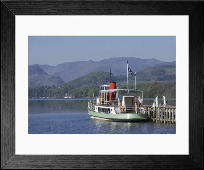 Framed Print : A tourist lake steamer awaits passengers at Pooley Bridge pier, Lake Ullswater, Lake District National Park, Cumbria, England, United Kingdom, Europe