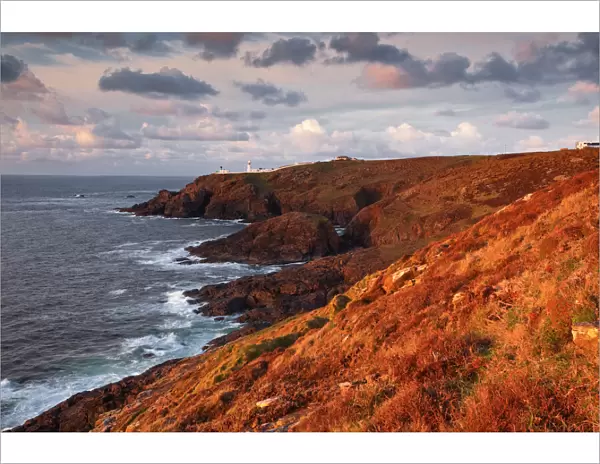 Looking towards Pendeen lighthouse and watch on the Cornish coastline, Cornwall, England, United Kingdom, Europe