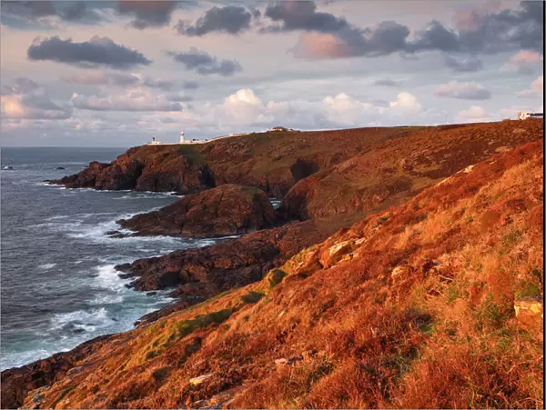 Looking towards Pendeen lighthouse and watch on the Cornish coastline, Cornwall, England, United Kingdom, Europe